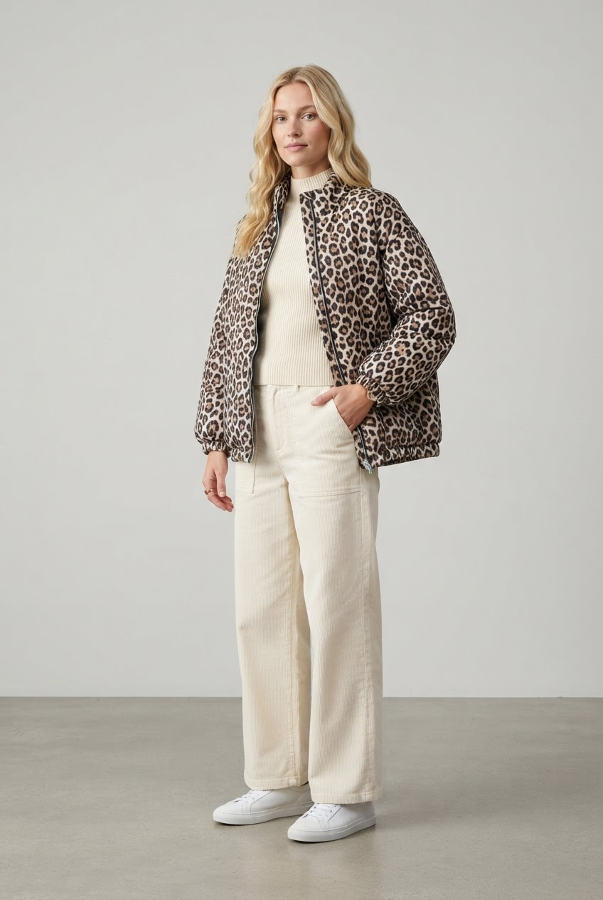 Oversized leopard bomber jacket with cocoon silhouette and smooth matte fabric side profile view - Velara UK