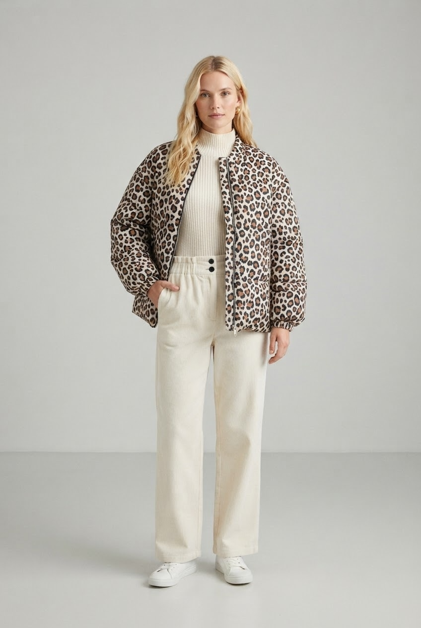 Oversized leopard print lightweight bomber jacket with cream turtleneck and wide leg corduroy pants front view - Velara UK