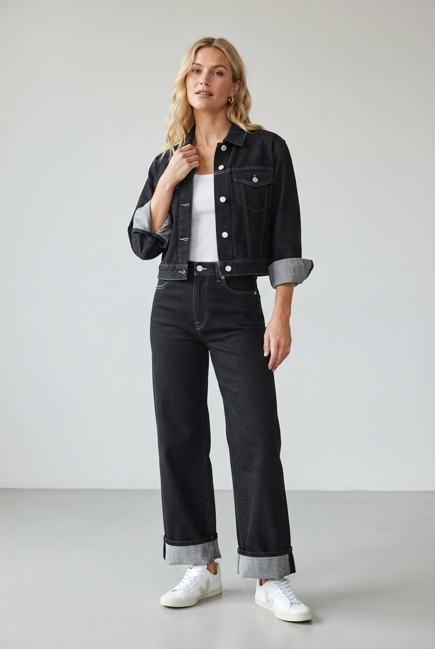 Black denim jacket and wide leg jeans matching set flatlay with silver buttons and grey stitching - Velara UK