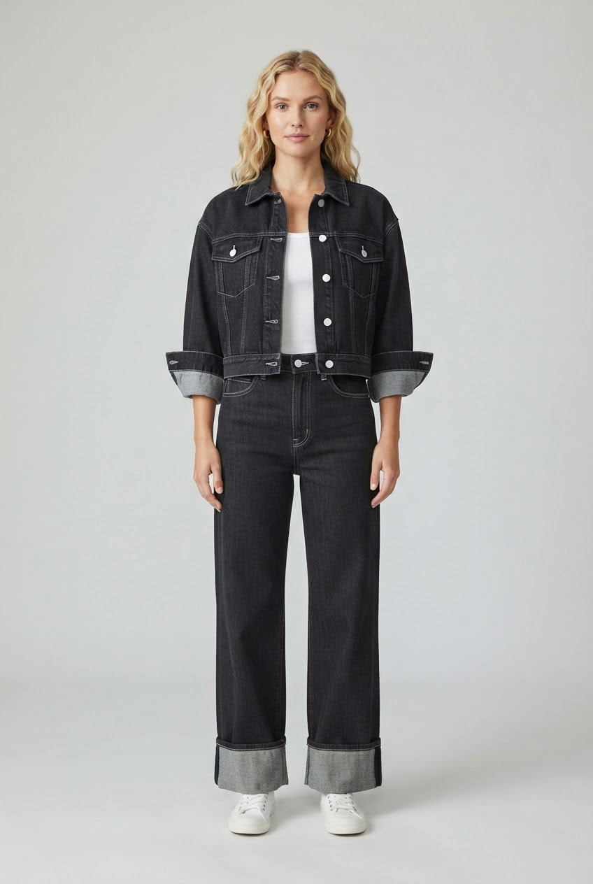 Charcoal black denim two piece set with rolled cuffs and contrast stitching three quarter view - Velara UK
