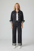 Charcoal black denim two piece set with rolled cuffs and contrast stitching three quarter view - Velara UK