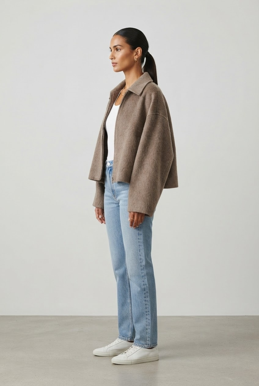 Warm taupe cropped boxy jacket with shirt collar and decorative cuff buttons studio three quarter view - Velara UK