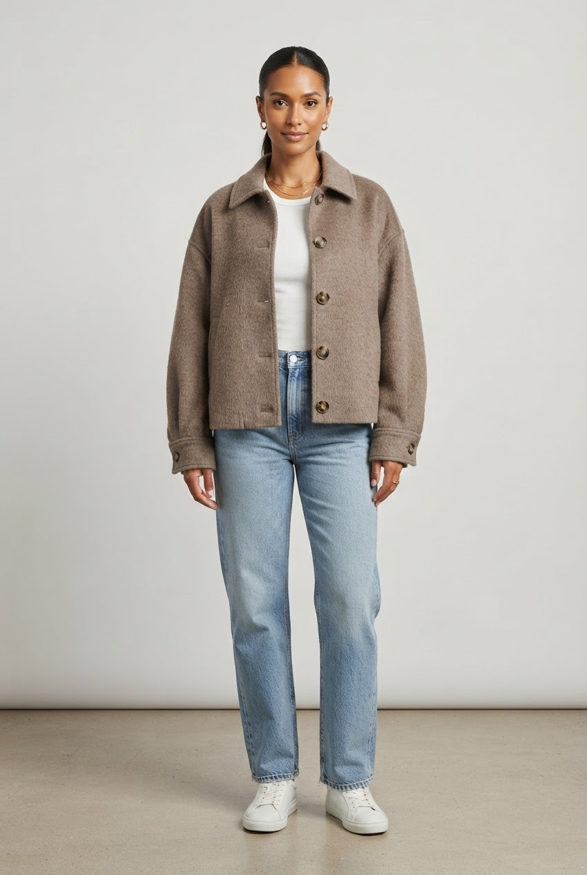 Taupe brown cropped wool blend jacket with oversized fit and button details studio front view - Velara UK