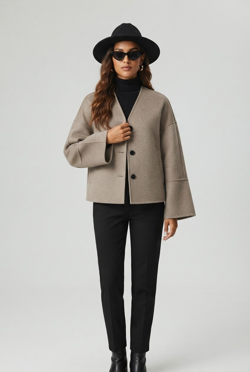 Taupe cropped boxy collarless jacket with bell sleeves and welt pockets front view - Velara UK
