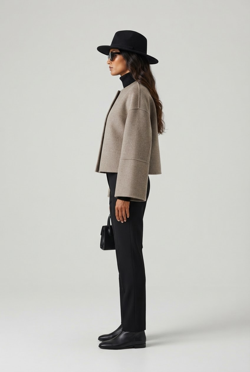 Cropped taupe boxy jacket with dropped shoulders and bell sleeve flare side profile - Velara UK