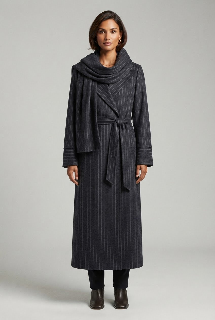 Navy pinstripe wrap coat with draped scarf shawl collar and self-tie belt front view - Velara UK