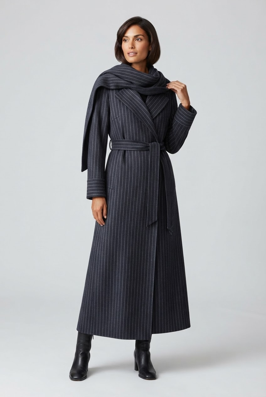 Navy pinstripe maxi wrap coat with cowl collar and horizontal cuff detail three quarter view - Velara UK