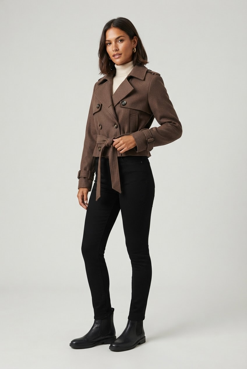 Rich mocha brown cropped wool trench jacket with storm flaps and tie-belt three quarter view - Velara UK