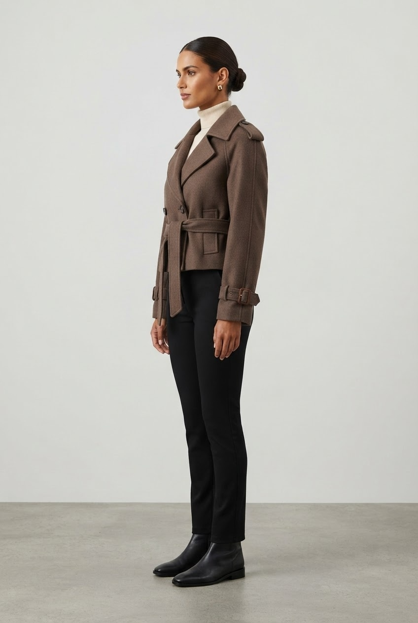 Cropped mocha brown trench jacket with structured shoulders and waist-length fit side profile - Velara UK