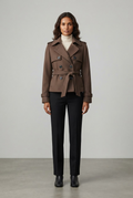 Mocha brown cropped trench jacket with military epaulettes and double-breasted lapel front view - Velara UK