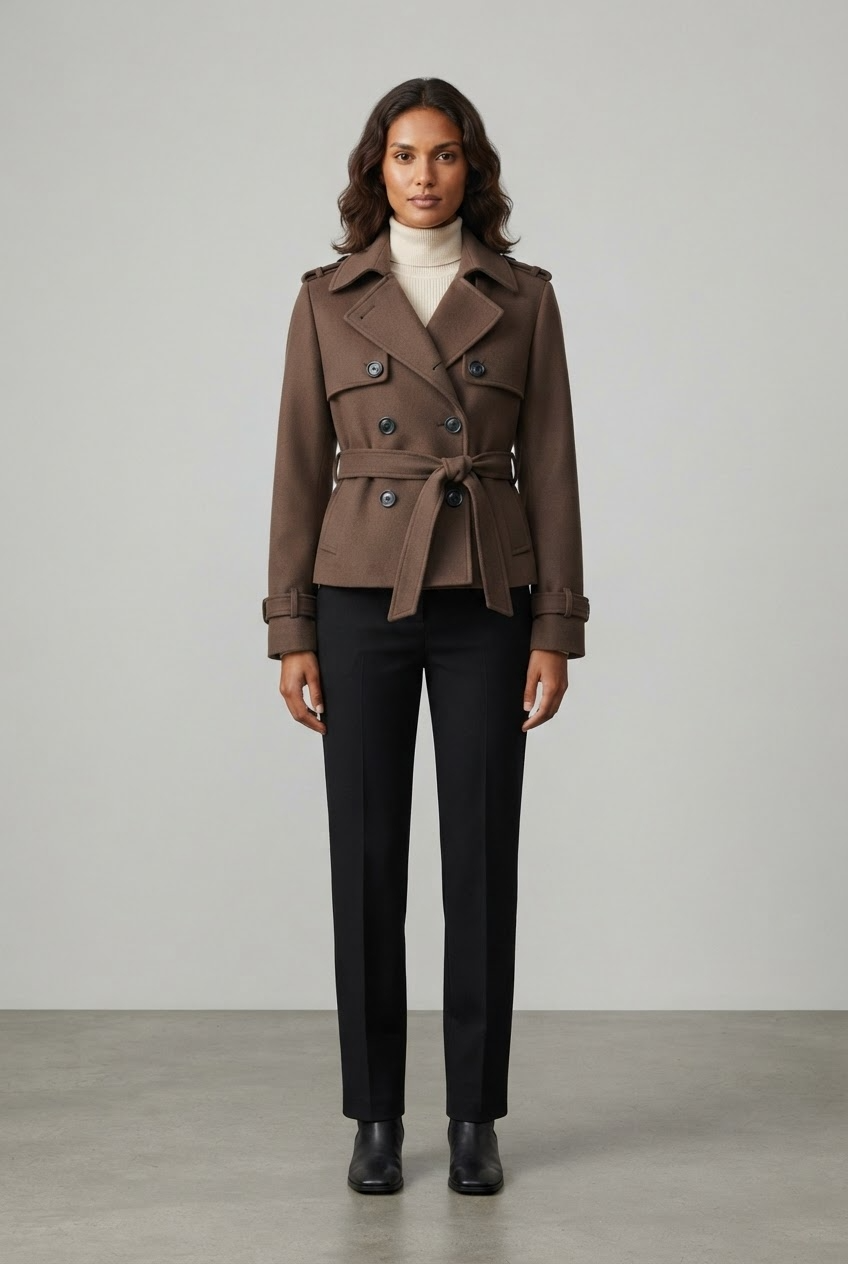 Mocha brown cropped trench jacket with military epaulettes and double-breasted lapel front view - Velara UK
