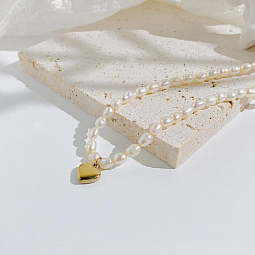 Freshwater Pearl Necklace with Gold 3D Heart Pendant – Dainty Choker