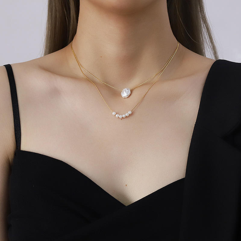 Dainty Double Layered Baroque Faux Pearl Necklace – Gold & Silver