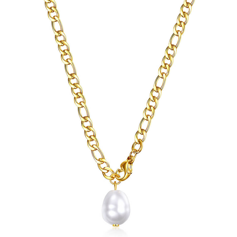 18K Gold Plated Faux Pearl Figaro Chain Necklace – Waterproof & Tarnish Free