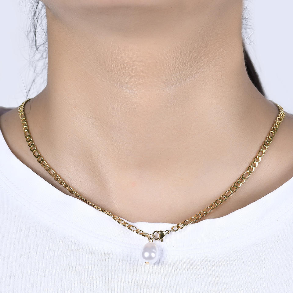 18K Gold Plated Faux Pearl Figaro Chain Necklace – Waterproof & Tarnish Free
