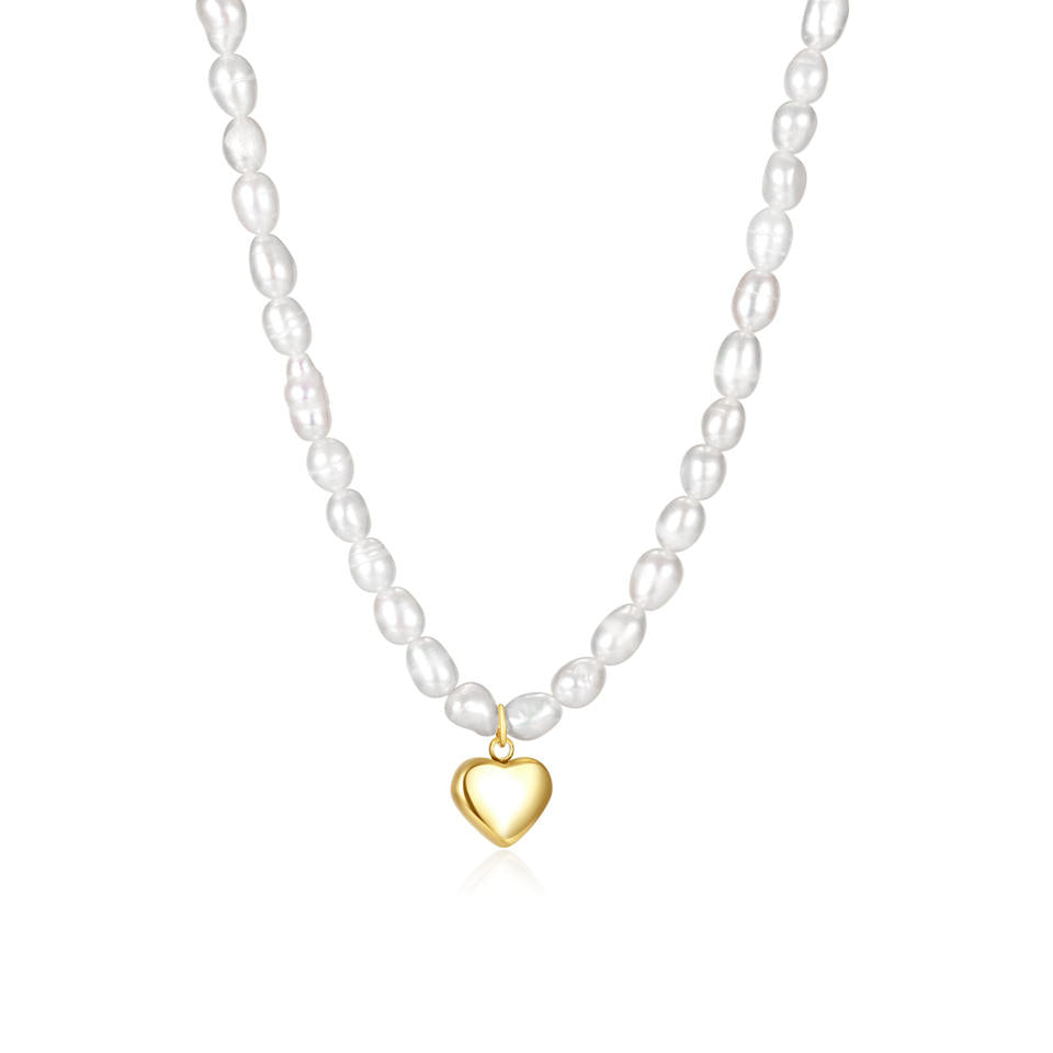 Freshwater Pearl Necklace with Gold 3D Heart Pendant – Dainty Choker