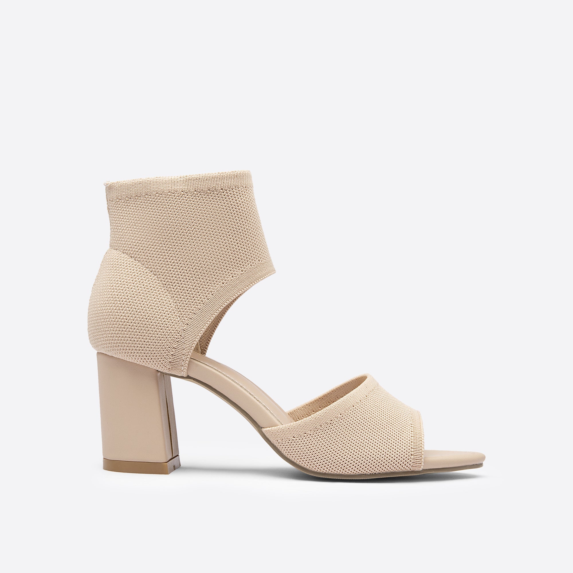 Beige block heel ankle strap sandals, top view