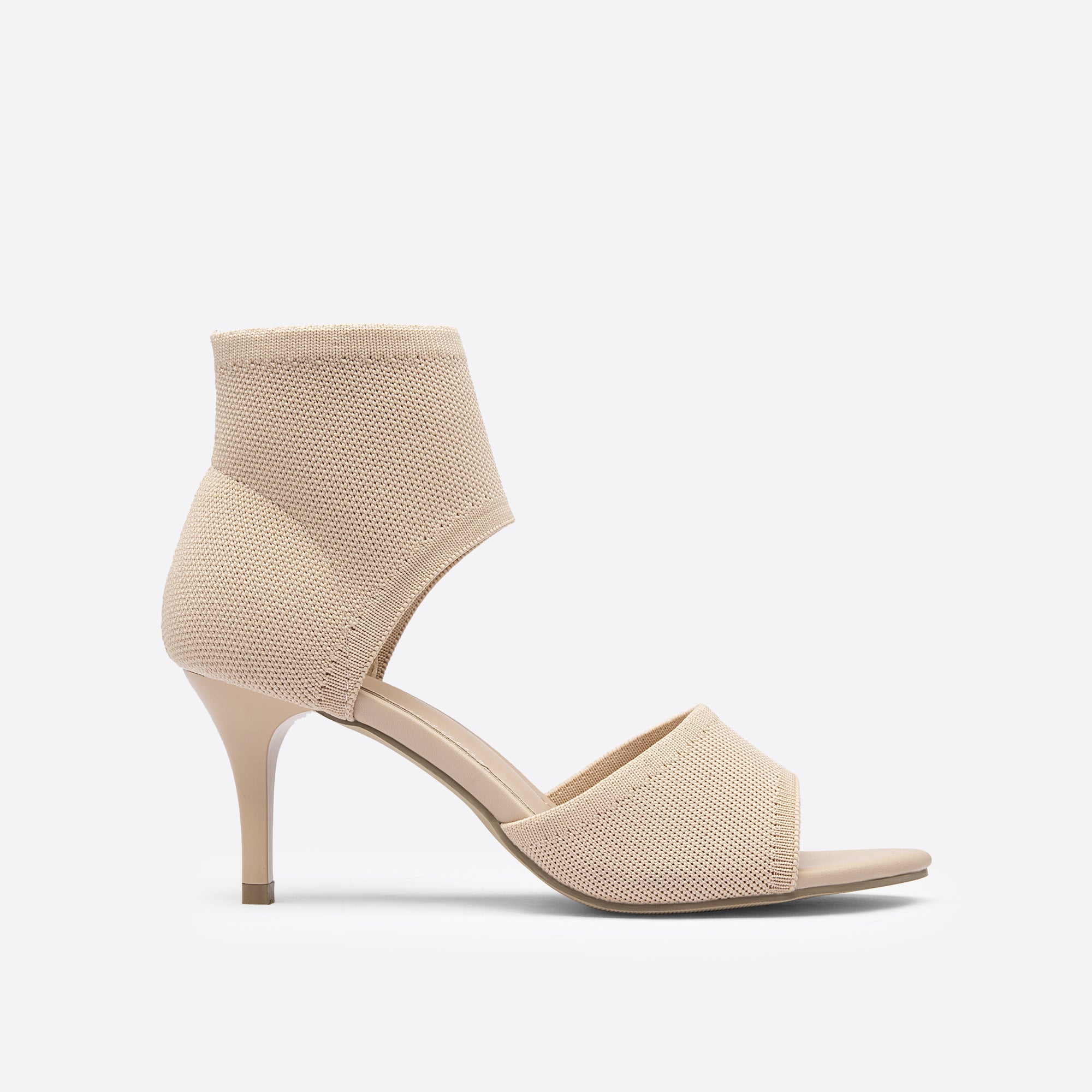 Beige stiletto ankle strap sandal, side view
