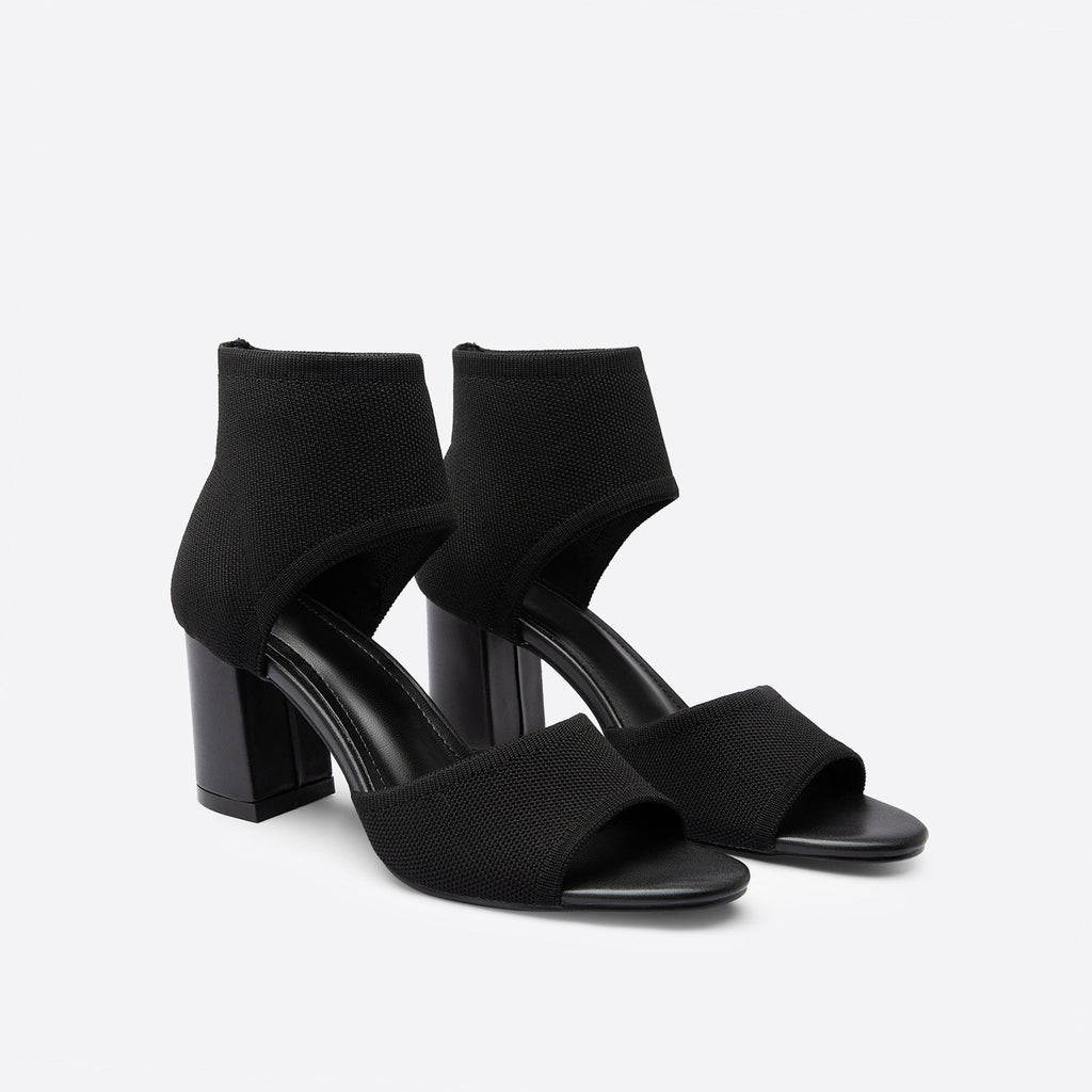Black ankle strap heeled sandal, close-up side view