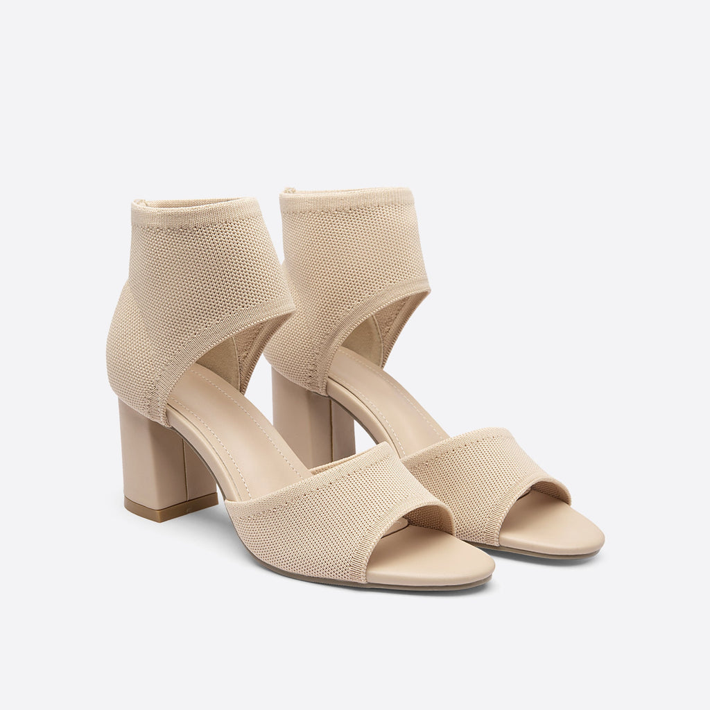 Beige block heel ankle strap sandal, side view