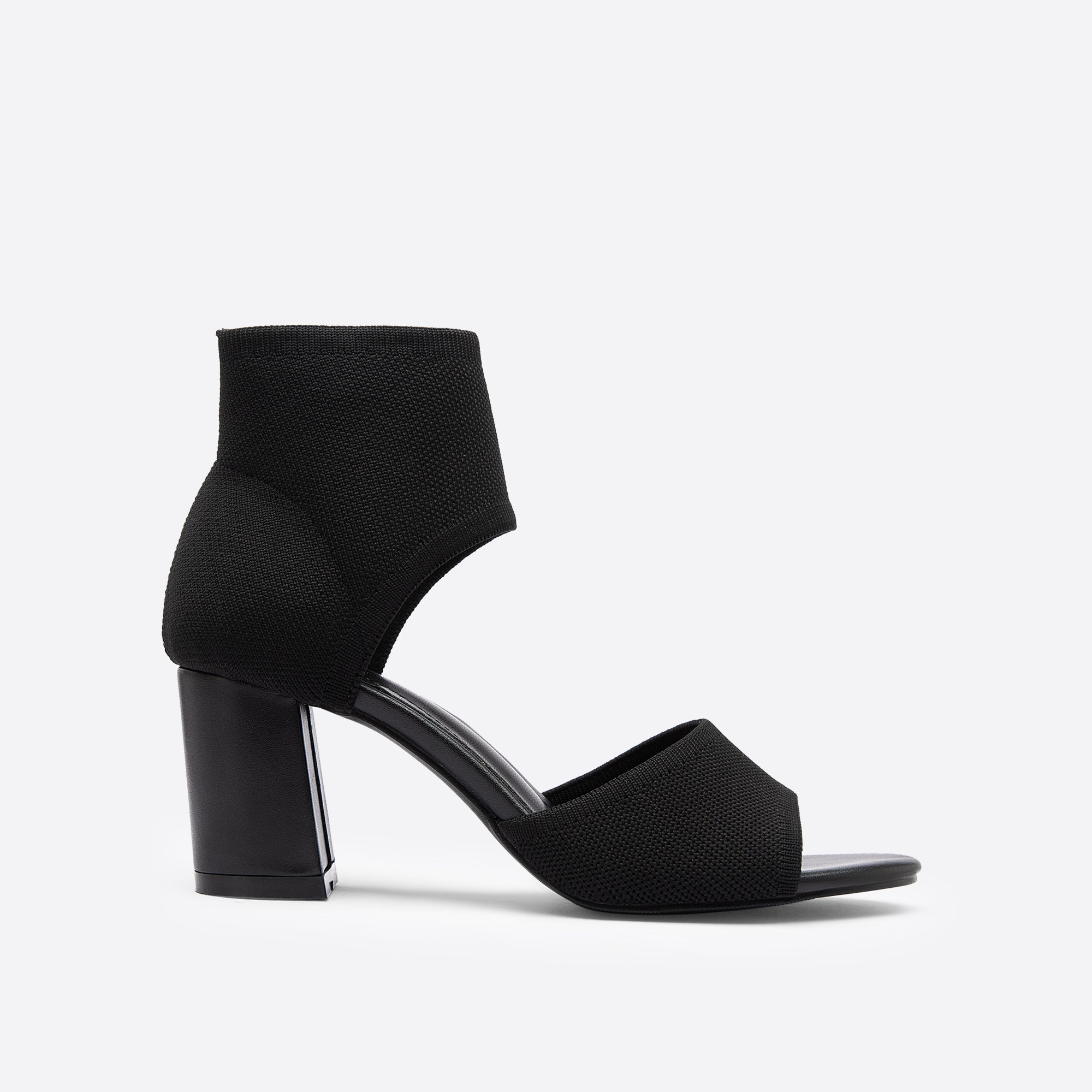 Black block heel ankle strap sandals, pair front view