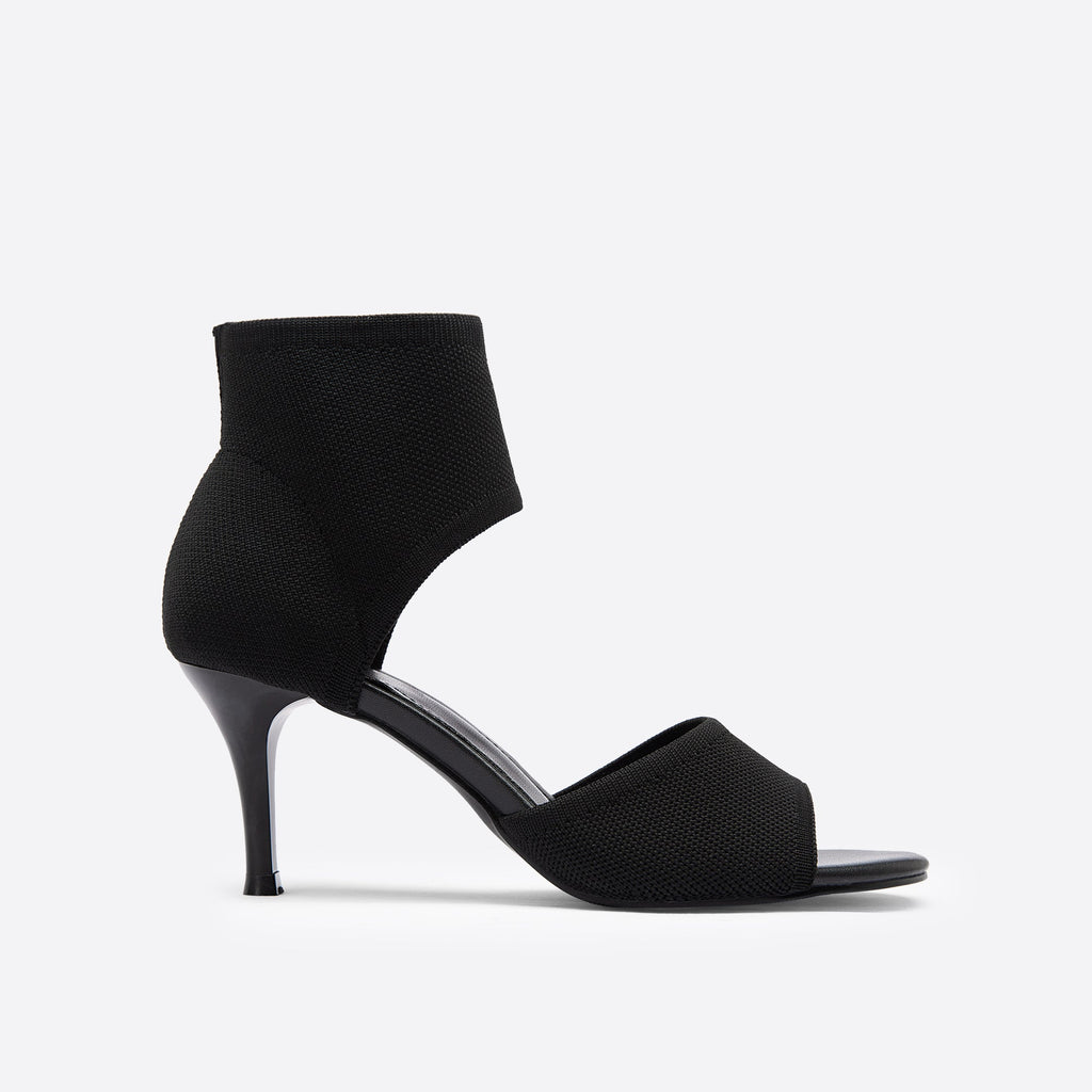 Black ankle strap heeled sandal, side view