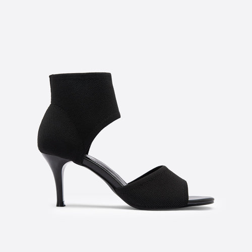 Black ankle strap heeled sandal, side view
