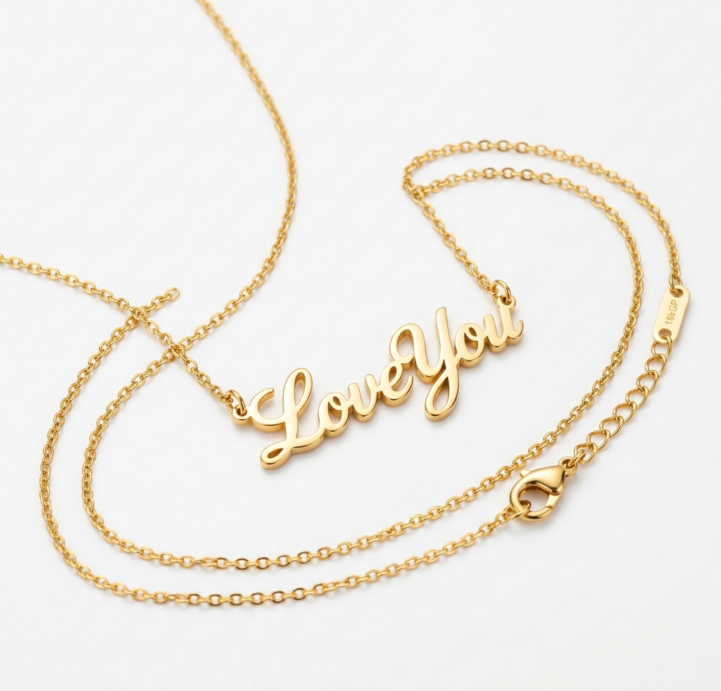 "Love You" Script Pendant Necklace | 18K Gold Plated Nameplate Jewelry for Women
