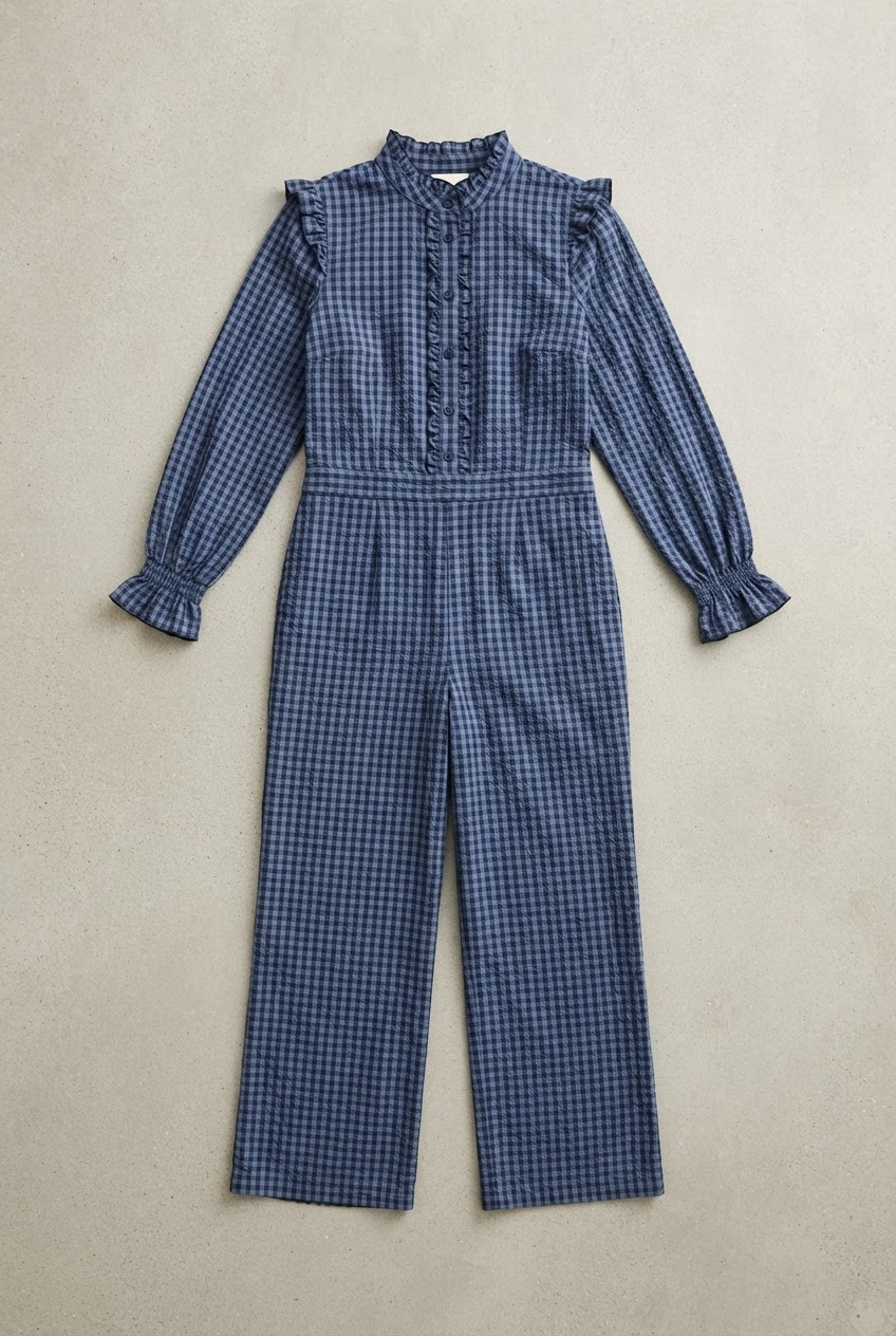 Navy blue gingham checkered jumpsuit with ruffle collar and long sleeves on hanger flatlay - Velara UK