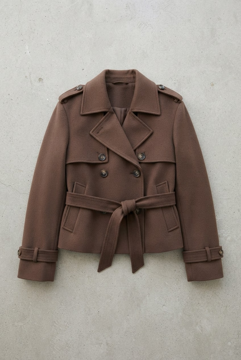Mocha brown cropped trench jacket with epaulettes, storm flaps and horn buttons product flatlay - Velara UK