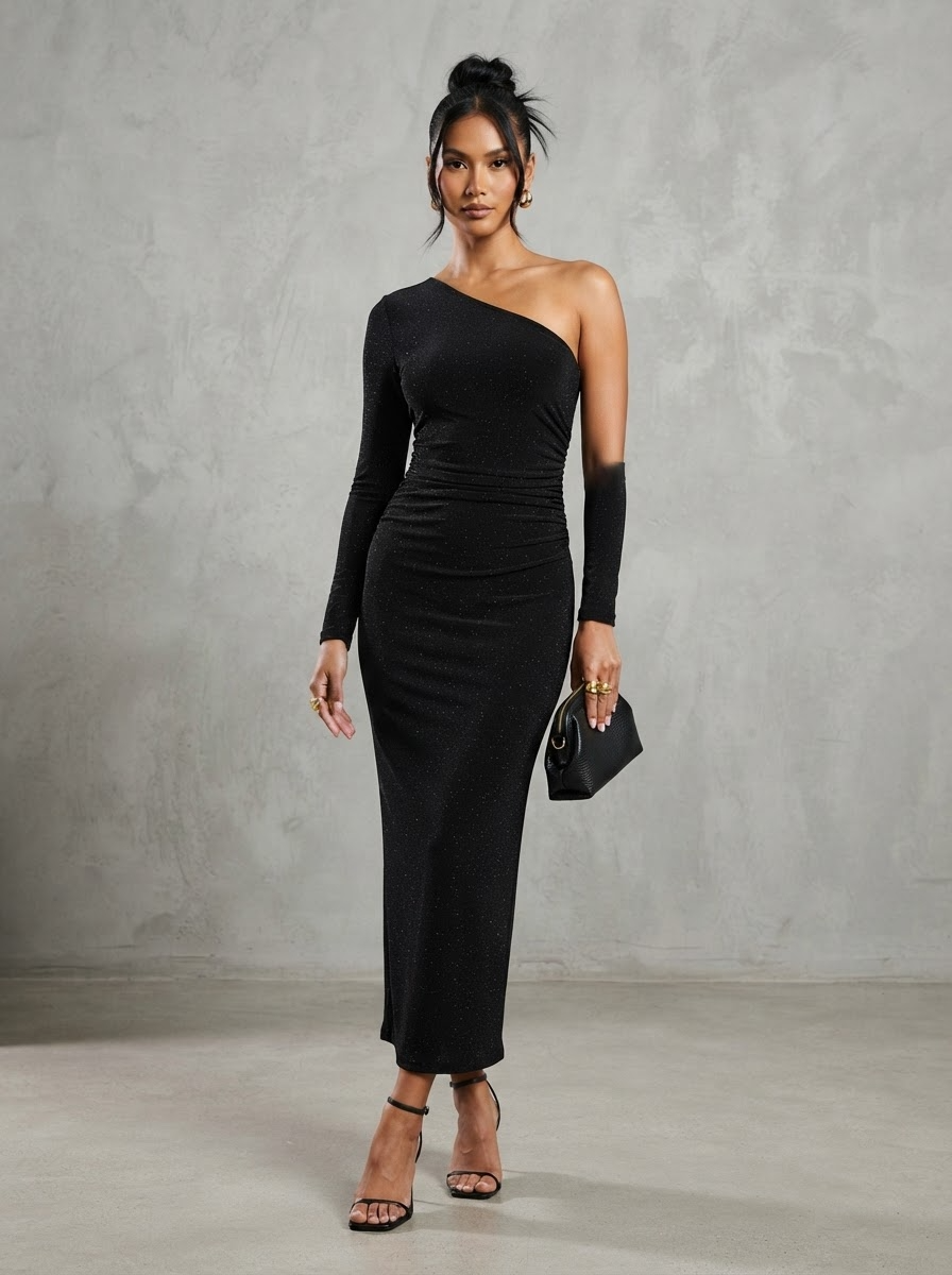 Black asymmetric one shoulder bodycon maxi dress with subtle glitter shimmer and ruched waist detail - Velara UK