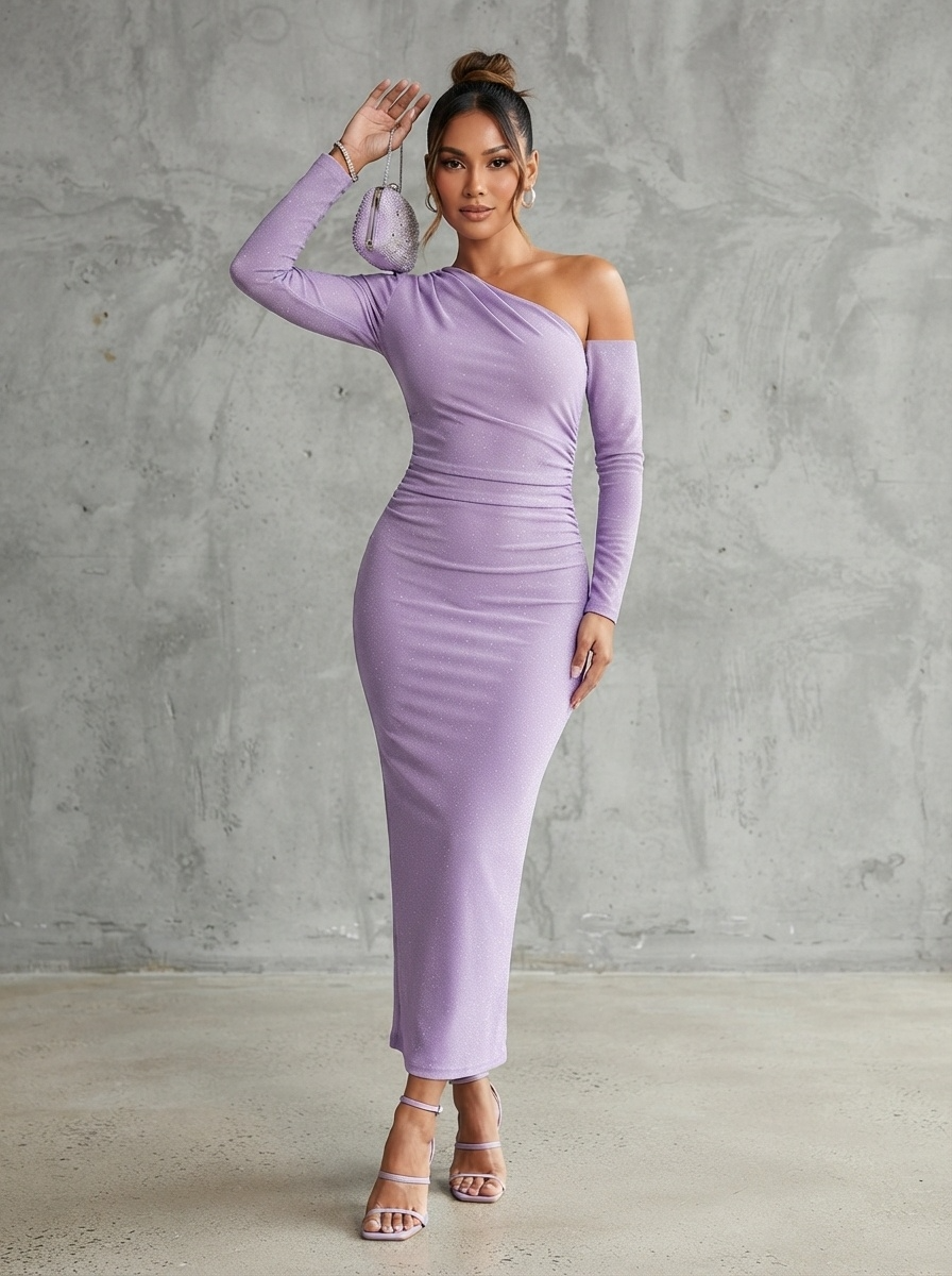 Lavender purple glitter bodycon maxi dress with one shoulder design and ruched waist side view - Velara UK