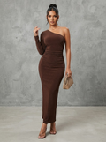Chocolate brown asymmetric one shoulder bodycon maxi dress with gold glitter shimmer and ruched waist detail - Velara UK"