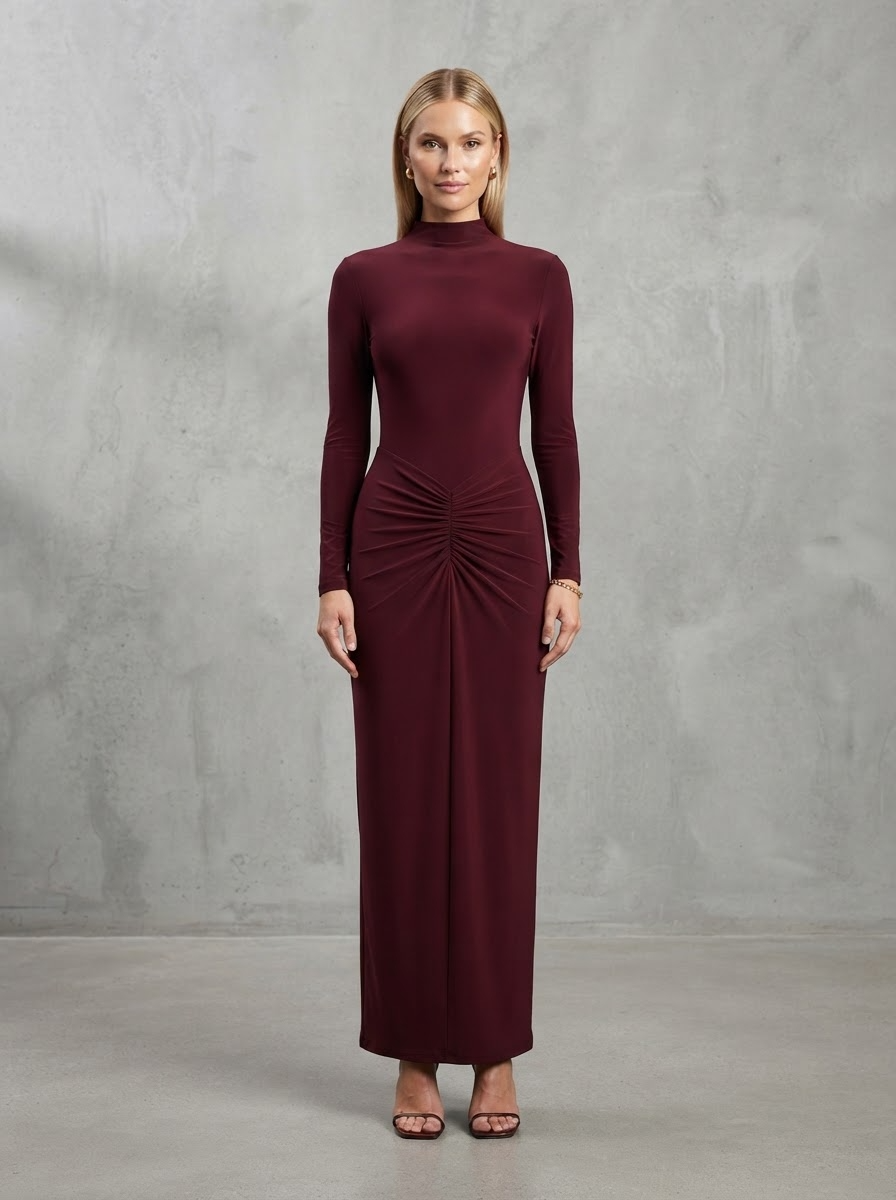 Burgundy wine red high neck bodycon maxi dress with gathered ruching at waist and long sleeves - Velara UK