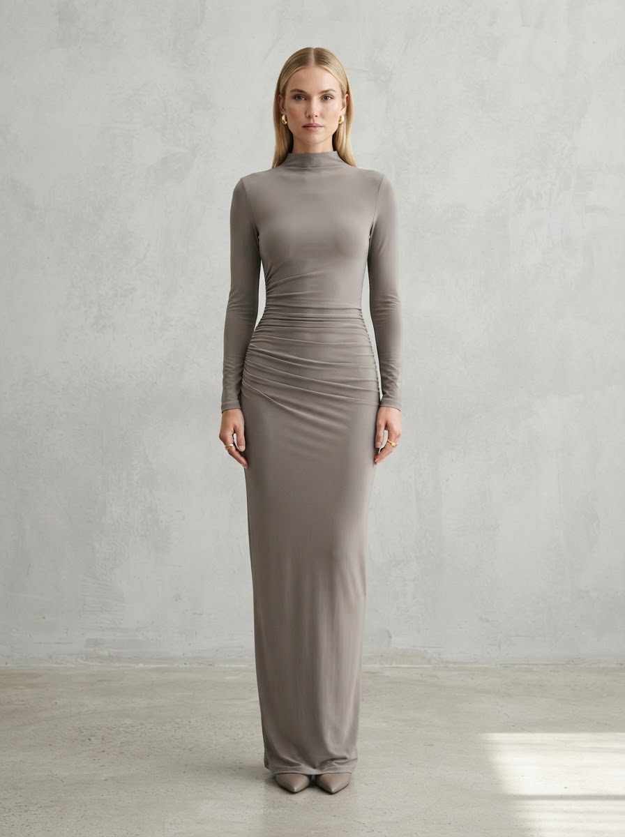 Taupe grey high neck bodycon maxi dress with dramatic ruched waist detail and long sleeves - Velara UK