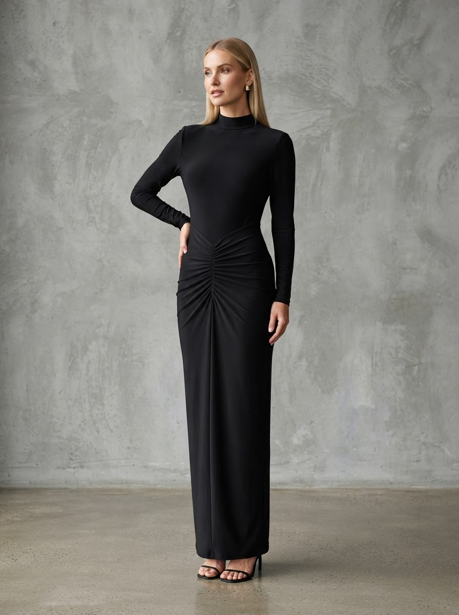 Black mock neck bodycon maxi dress with elegant ruching and draping three quarter angle - Velara UK