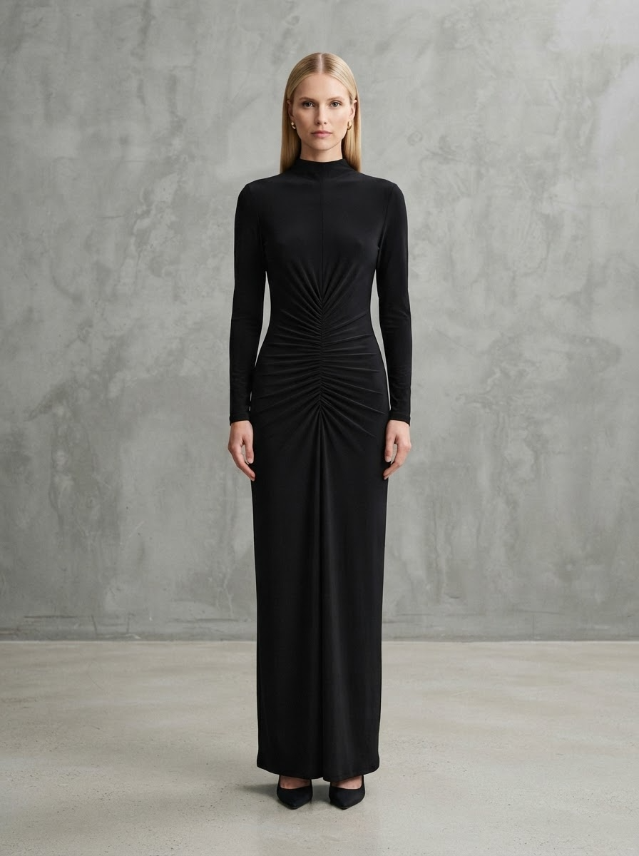 Black high neck bodycon maxi dress with V-shaped ruched waist detail and fitted sleeves - Velara UK
