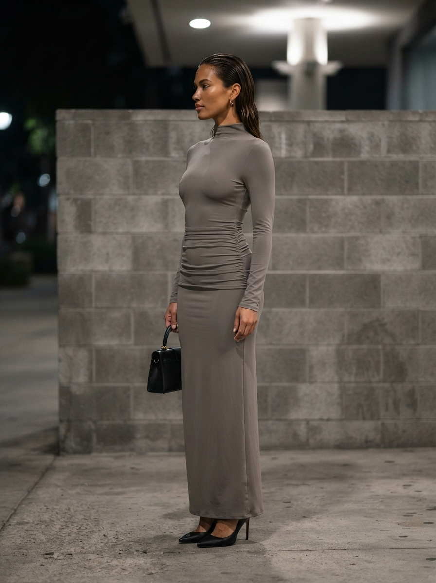 Taupe grey mock neck bodycon maxi dress with horizontal ruching side profile evening look - Velara UK
