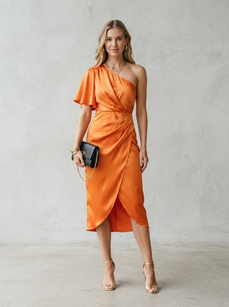 Vibrant orange satin one shoulder asymmetric midi dress with flutter sleeve and ruched waist detail - Velara UK