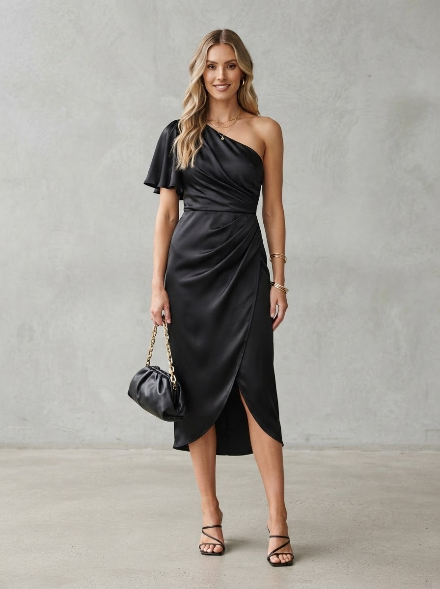 Black satin one shoulder asymmetric midi dress with flutter sleeve and ruched waist wrap detail - Velara UK