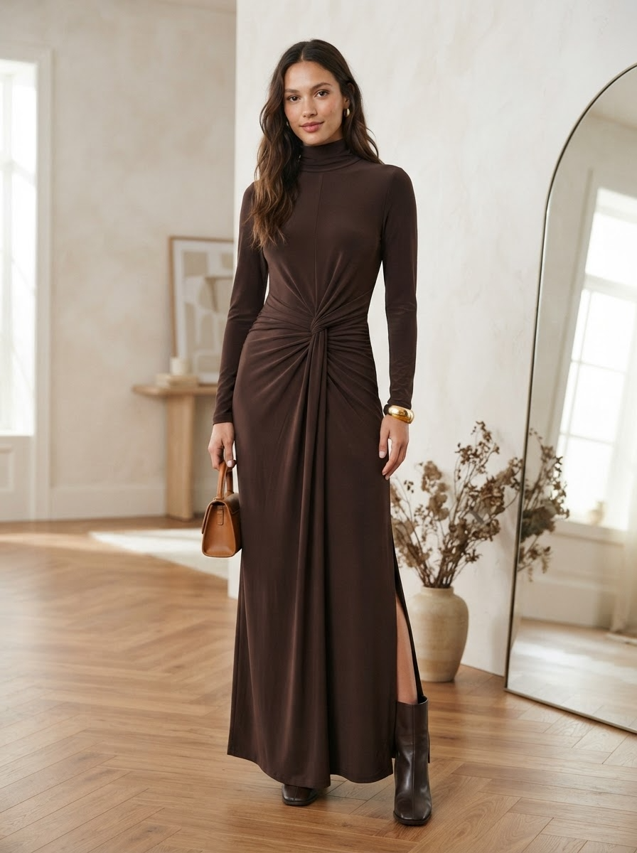 Chocolate brown turtleneck bodycon maxi dress with center knot detail and high thigh slit - Velara UK