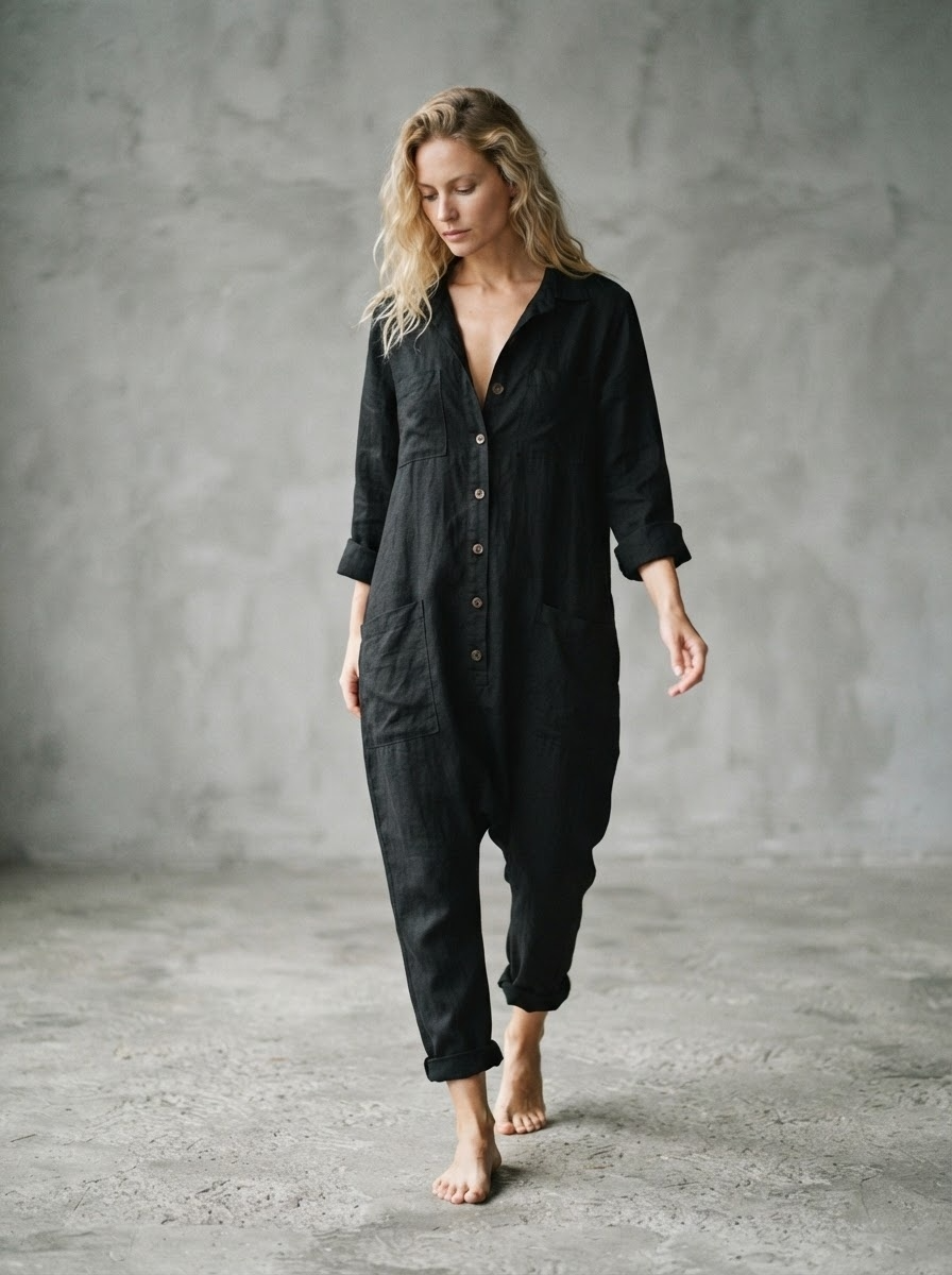 Black linen utility jumpsuit with button closure, chest pockets and relaxed boho fit - Velara UK