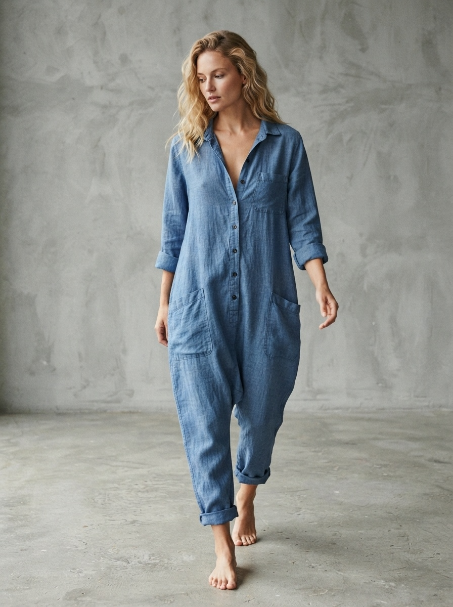 Denim blue linen utility jumpsuit with V-neck, rolled sleeves and oversized fit - Velara UK