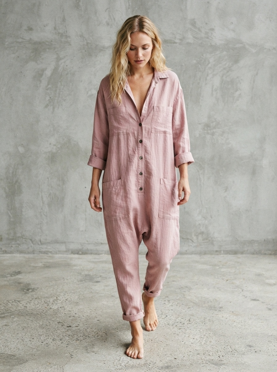 Dusty pink linen utility jumpsuit with shirt collar, chest pockets and tapered legs - Velara UK