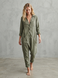 Olive green linen utility jumpsuit with button front, rolled sleeves and relaxed fit - Velara UK