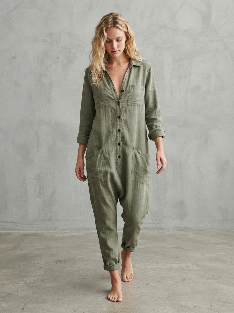 Olive green linen utility jumpsuit with button front, rolled sleeves and relaxed fit - Velara UK
