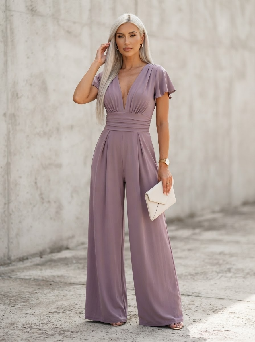 Dusty purple wide leg jumpsuit with plunging V-neck, ruched waist and flutter sleeves - Velara UK