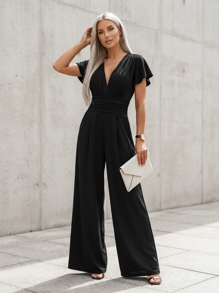 Black wide leg jumpsuit with deep V-neckline, cinched waist and cap sleeves - Velara UK