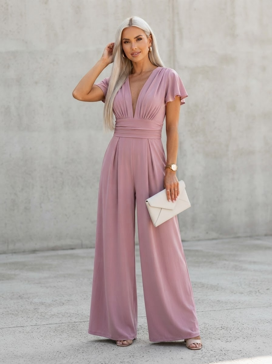 Dusty pink orchid wide leg jumpsuit with plunging neckline, ruched waist and palazzo pants - Velara UK