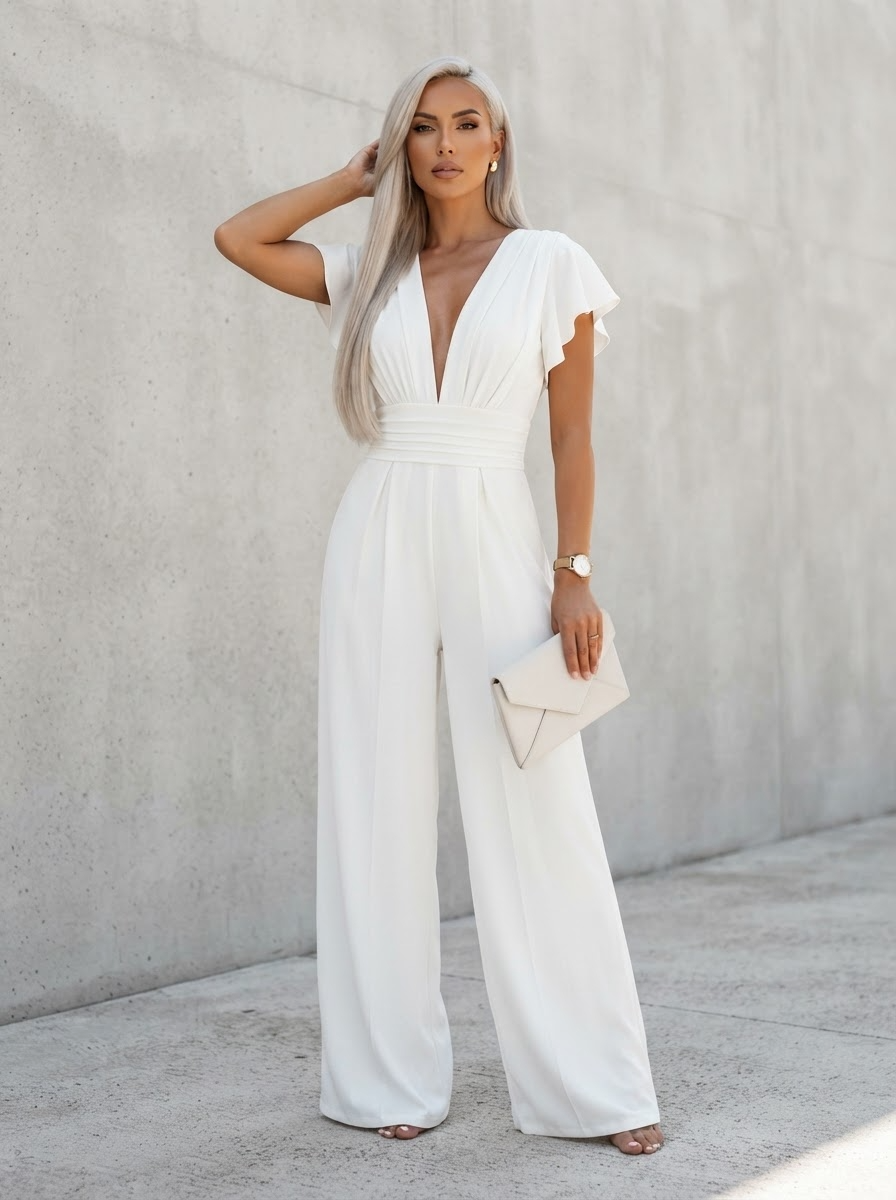 White ivory wide leg jumpsuit with deep V-neck, gathered bust and elegant palazzo pants - Velara UK
